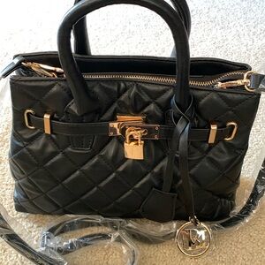 Studio Badgley Mischka Black Middle Diamond Quilted Tote W/Front Lock, Strap NWT